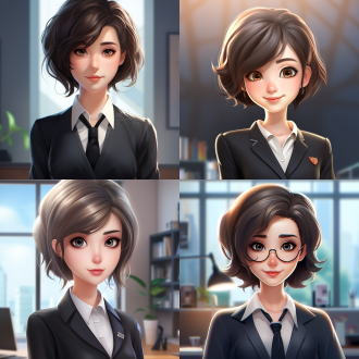 ai形象，职场精英，女性，品牌，精致，超轻清晰度画质，短发，工作制服、卡通形象、萌萌哒