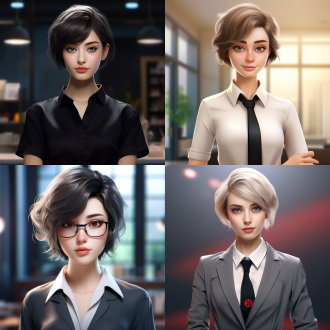 ai形象，职场精英，女性，品牌，精致，超轻清晰度画质，短发，工作制服、卡通风格、3d效果、