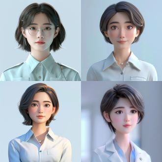 ai形象，职场精英，女性，品牌，精致，超轻清晰度画质，短发，工作制服、卡通风格、3d效果、亚洲人