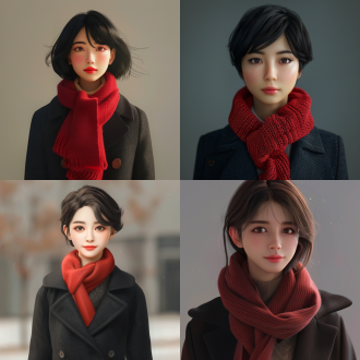 ai形象，职场精英，女性，品牌，精致，超轻清晰度画质，短发，工作制服、卡通风格、3d效果、亚洲人，深色棉衣，红色毛线围脖