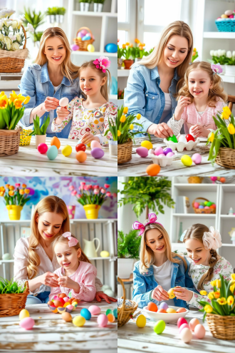 复活节家庭蛋壳手工，中心构图白旧木桌，金发母亲与雀斑女孩协作，彩色蛋壳，暖光，软焦背景，对比质感，表情高兴，篮中植物花朵，4k高清。