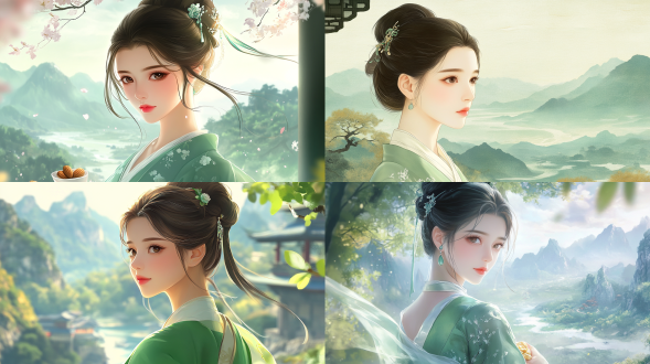 年轻东方女性，杏仁眼，自然红润脸颊，浅粉唇色，梳古典发髻配玉石发簪，身着青白渐变丝绸汉服，侧身立于古典园林廊下，半身构图，目光遥望远处山水，微风拂动衣袂与发丝展示一些健康零食，如坚果、无糖酸奶等