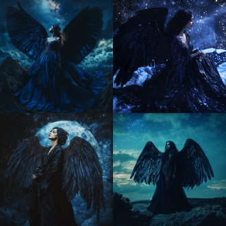 dark angel, black blue clothes, under the moonlight, mysterious elegance, full body portrait, soft light, surreal style, wide angle lens, mysterious colors, starry sky, ultra hd, rich in detail