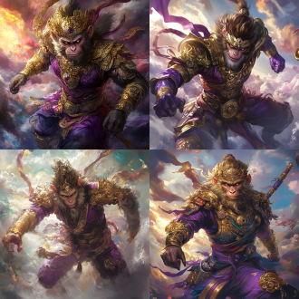 monkey king stepped on colorful auspicious clouds, wearing purple and gold armor, arrogant and awe-inspiring, full-body portrait, strong light, ultra-realistic style, wide-angle lens, dreamy colors, fiery eyes, under the sun, ultra-high-definition, rich in details.