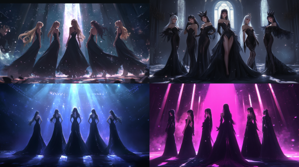 league of legends, kda girl group (including ahri, akali, evelyn, kaisha, seraphine), they are wearing long black dresses, under led spotlights, mysterious and elegant, full body portrait, soft light, surreal style, vista, five people standing on the same level, mysterious color, quiet expression, stage, ultra high definition, rich in detail