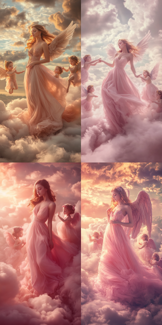 angel of love, long pink dress, surrounded by 3 little cupid angels, mysterious elegance, full body portrait, soft light, 8k, surreal style, wide angle shot, romantic color, tranquil expression, on the clouds, ultra hd, rich in detail
