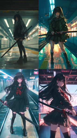 a girl with long black hair holding a japanese katana in a subway station, japanese anime style, manuscript, close-up view, full body photo, complex detail, high quality, bright colors, soft light, color rendering.