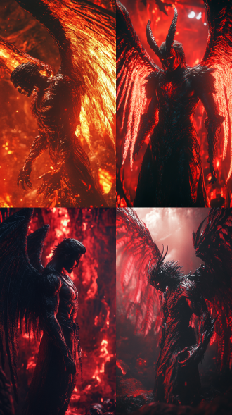 lucifer, fallen angel, in hell, surreal style, red and black as the main style, cinematic lighting, close-up view, full body shot, intricate details, ultra hd, 8k, dimmed light, 3d rendering