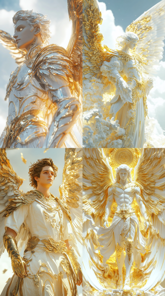 gabriel, archangel, in heaven, surreal style, with gold and white as the main colors, movie lighting, close-up view, full-length portrait, intricate detail, ultra hd, 8k, bright light, 3d rendering.