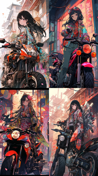 黑长头发女孩手持日本武士刀站在摩托大楼顶部，全身特写，日式动漫水彩风，鲜明色彩，柔和光，复杂细节，人物背景融合。