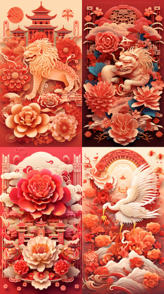中国新年海报，等距视角，红金渐变，剪纸几何融合，舞狮飞鹤牡丹，暖光动感文字，8k，传统未来结合，高饱和，暖色调。