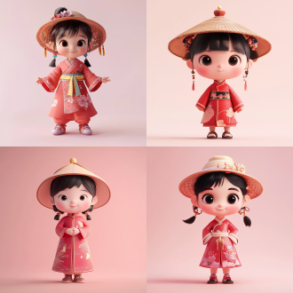 戴头帽穿中国红装小女孩，居中构图，浅红背景，体积光，3d、c4d风格，全身照，超细节，高级色，可爱氛围。