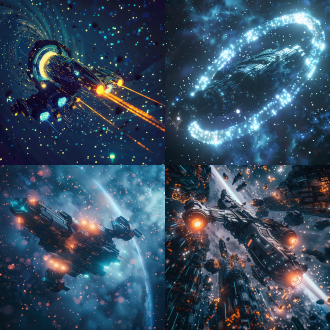 发光粒子环绕宇宙飞船，像素风格，科技未来感，顶光，闪烁特效，三分法布局，冷色调，超广角镜头，宇宙环境，神秘。