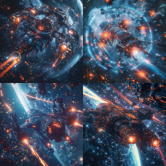 发光粒子环绕宇宙飞船，像素风格，科技未来感，顶光，闪烁特效，三分法布局，冷色调，超广角镜头，宇宙环境，神秘。