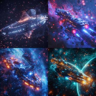 发光粒子环绕宇宙飞船，像素风，顶光闪烁，三分法布局，宇宙背景，冷色调，数字艺术，长焦镜头，未来感。