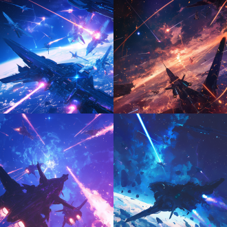 宇宙飞船战斗局部特写，银河系为背景，激光闪耀，三分法构图，冷色调，长焦镜头，逆光，激烈，动感。