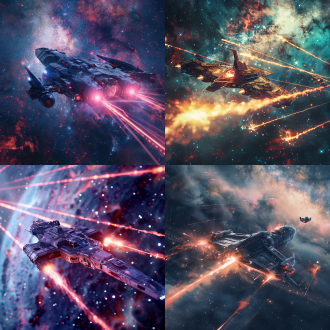 宇宙飞船战斗局部特写，银河系背景，激光闪耀，三分法构图，冷色调，长焦镜头，逆光，动态模糊，激烈。