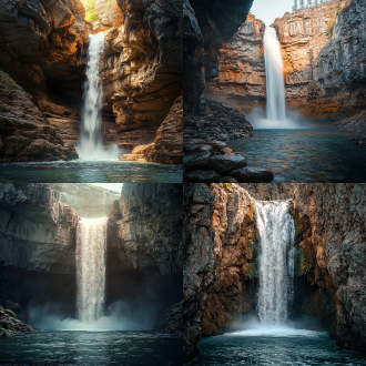 天然峡谷悬崖瀑布风景，三分法布局，高饱和度，户外，长焦镜头，顶光，慢快门，水流飞溅，恢弘磅礴。
