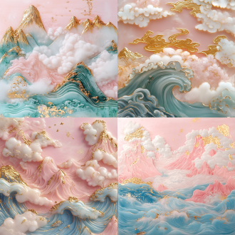 金镶玉雕，超广角呈现粉色蓝色波浪、云朵山脉，中国山水画风格，柔和粉背景，白烟金粉，金箔散落，细致笔触，柔和光影。