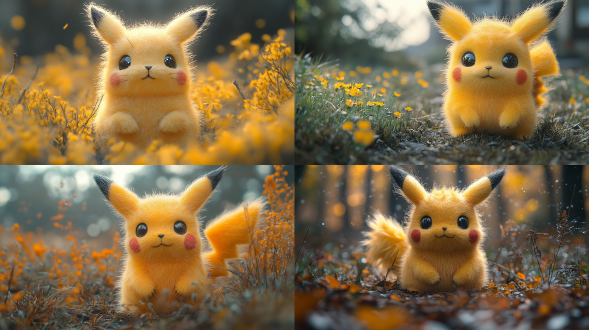 绒毛材质，毛绒绒，绒毛材质，微缩模型，微距镜头，毛毡材质，一个羊毛皮卡丘，背景是一个手工编织的景观，包括草地，树木，天空，编织的细节看起来像他们是由纱线或羊毛，给它一个艺术的感觉，现代艺术风格，可爱，神奇，超级细节，高分辨率