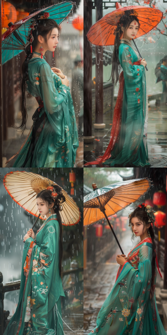 古风手绘美女全身像，淡绿衣持伞立雨中，三分构图，暖黄与淡绿配色，柔光，工笔风，温婉。