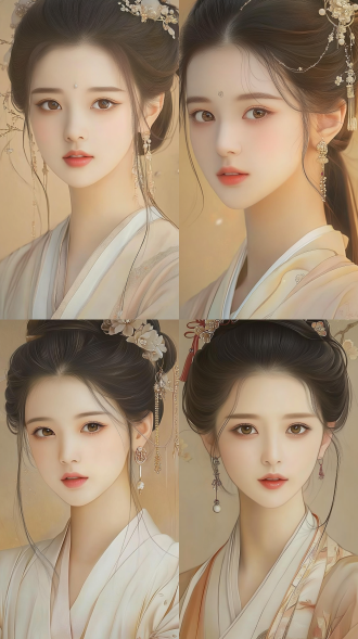 宋代美女着布鞋，十指交叉双臂下垂，工笔画风，三分构图，细腻线条，侧逆光，暖黄调，典雅温婉，长焦镜头。