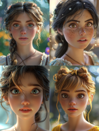 一个活泼的女孩，美丽的渲染 超广角 明亮的 电影灯光 ，迪士尼风格，公主，3d角色，c4d，灵动的眼睛 白金 迪士尼