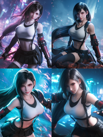 蒂法·洛克哈特战斗，黑色长发高马尾，白短上衣黑裙靴，霓虹薄雾背景，温柔微笑，虚幻引擎渲染，8k，唯美，淳欲。