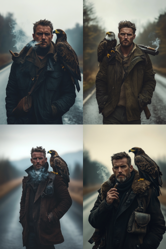 酷男叼雪茄肩站鹰立于马路，对称构图，科幻战争风，冷色调，长焦镜头，逆光，静态，坚毅，紧张。