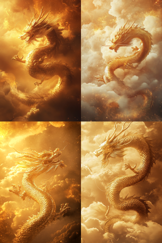 中国风金龙踏祥云从天而降，中心构图，金光背景，暖色调，长焦镜头，逆光，动态，庄严神圣。