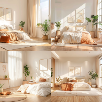 室内暖色调场景，对称布局，阳光照地，窗外蓝天，白墙挂画，墙角绿植，毛毯铺地，长焦镜头，侧逆光，温馨。 卧室 白黄 自然照明