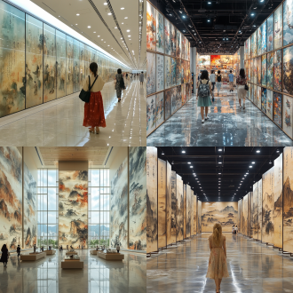 空间布满自上而下的书法和国画，人物行走在其中。 中国水墨 动画艺术 低角度