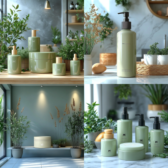 mj inspiration护肤品，绿色主题，蓝色背景，柔和灯光，方形几何形状，正面构图，高分辨率，极简设计，清晰细节，白色mj inspiration品牌标识，3:4宽高比。 远景透视 银河