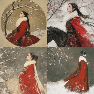 东方美女，马面裙，红色披风，领子处白色绒毛，大雪，仰头姿势，左上角梅花枝，