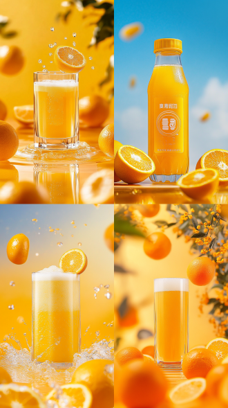 橙汁，正面，旁边是橙子，上方天空