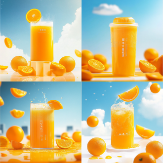 橙汁，正面，旁边是橙子，上方天空