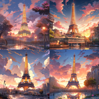 埃菲尔铁塔在城市，日落，高清