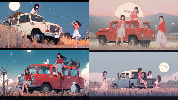 中国青年女生在农场草地皮卡旁帐篷前，扁平手绘风，三分构图，清新色调，低饱和度，活泼姿态，快乐氛围。 消失点构图 超扁平 月兔