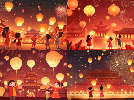 中国新元宵节海报，q版蛇持灯笼，小孩放祈愿灯，烟花夜空，古建背景，夜晚，三分法，高饱和，暖光，热闹。 极简主义 动画艺术 中式宣传画 商场 红 时尚情绪版 汤圆