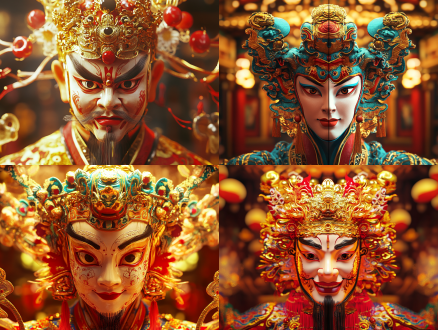 中国川剧变脸q版形象，对称构图，舞台环境，c4d 3d渲染，8k高清，暖黄主调，正面视角，夸张表情，活泼氛围。 京剧