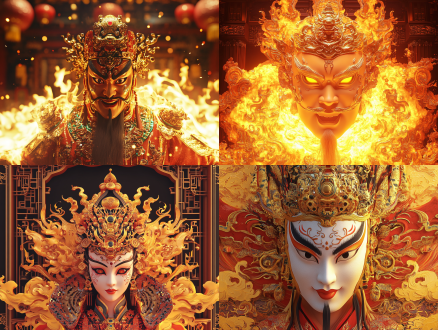 中国川剧变脸q版人物全身像喷火，对称构图，舞台环境，暖黄主调，c4d 3d渲染，8k高清，高细节，兴奋。 京剧