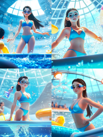 q版风格，一位健美年轻女性站在10米跳台边缘，穿着荧光蓝渐变比基尼展现完美肌肉线条，戴着流线型运动眼镜，湿发在聚光灯下闪耀。身体呈弓形准备起跳，动态模糊捕捉下落前0.1秒的动势，背景是巨型体育馆玻璃穹顶与碧蓝泳池，飞溅的水花呈现液态金属质感，冷调聚光灯与暖色观众席灯光形成对冲，未来主义建筑结构，运动摄影视角仰拍，高对比赛博荧光色，3d渲染混合水彩质感，8k超清细节