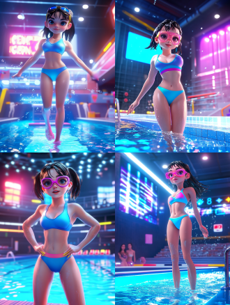 q版风格，一位健美年轻女性站在10米跳台边缘，穿着荧光蓝渐变比基尼展现完美肌肉线条，戴着流线型运动眼镜，湿发在聚光灯下闪耀。身体呈弓形准备起跳，动态模糊捕捉下落前0.1秒的动势，背景是巨型体育馆玻璃穹顶与碧蓝泳池，飞溅的水花呈现液态金属质感，冷调聚光灯与暖色观众席灯光形成对冲，未来主义建筑结构，运动摄影视角仰拍，高对比赛博荧光色，3d渲染混合水彩质感，8k超清细节