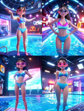 q版健美年轻女性站10米跳台边缘，荧光蓝渐变比基尼，流线眼镜湿发，弓形准备起跳，玻璃穹顶泳池背景，冷暖光对冲，运动仰拍，8k，3d水彩，