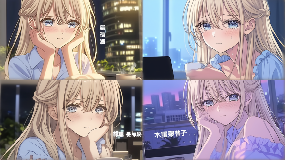 女孩办公室加班喝咖啡对电脑，三分法构图，2d动漫风，高清细节，暖光，办公室环境，长焦镜头，专注神情，粉蓝配色，可爱。 办公室 电影灯光 明亮的