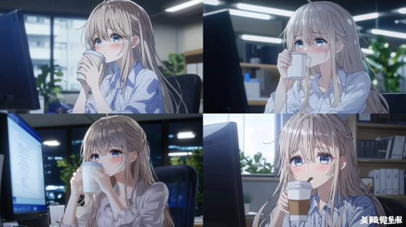 女孩办公室加班喝咖啡对电脑，三分法构图，2d动漫风，高清细节，暖黄灯光，长焦镜头，专注神情，漂亮可爱，冷色调背景。 办公室 电影灯光 明亮的
