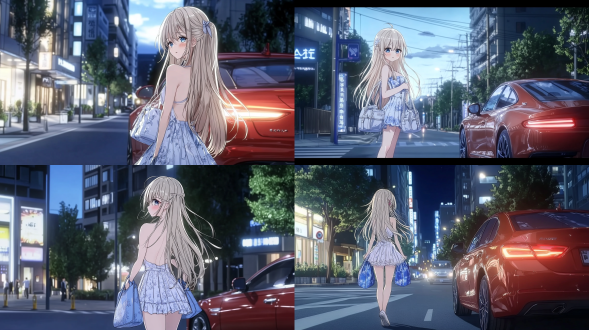 女孩走在商业街担精制包，穿裙带可爱笑容，旁有红豪车，全景全身照，2d动漫，8k，暖光，广角，欢快，鲜艳色彩。 办公室 电影灯光 明亮的