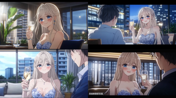 女孩穿裙在高级酒店向高富帅敬酒，开心模样，全身近景，2d动漫风，8k画质，暖光，中长焦镜头，高饱和度色彩，欢快。 办公室 电影灯光 明亮的