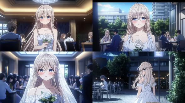 女孩穿白纱持白玫瑰在高级酒店结婚走向后台，开心，两边人坐桌旁，远景对称全身照，2d动漫，8k，暖光，喜悦氛围。 办公室 电影灯光 明亮的