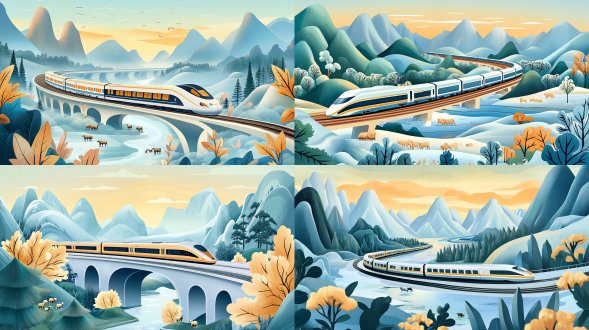 白色高铁山林中飞驰，旁有江河山川森林牛羊，全景构图，复古国潮插画，流金线条，8k画质，暖光，动感，恢宏。 冬季森林 天空 森林